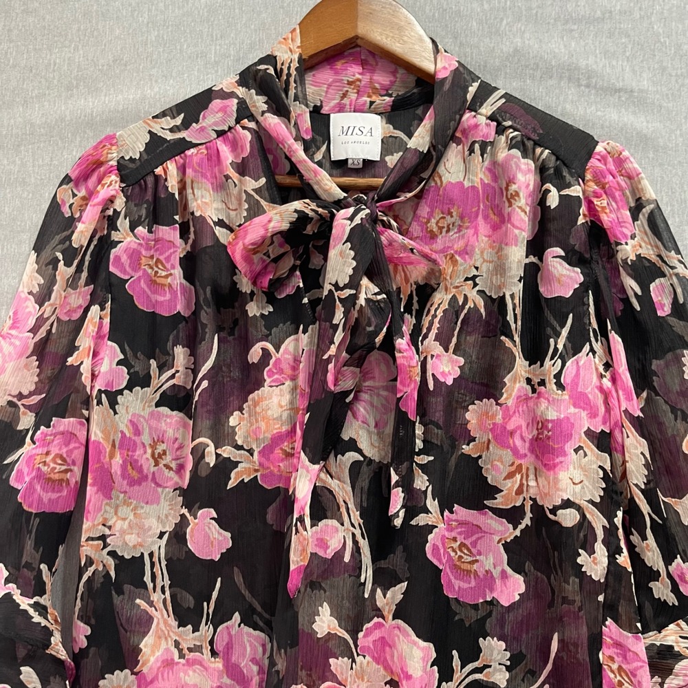 MISA Los Angeles Floral Tie Neck Blouse Womens XS Pink Ruffle Chiffon Fairy Y2K‎ - Picture 9 of 9